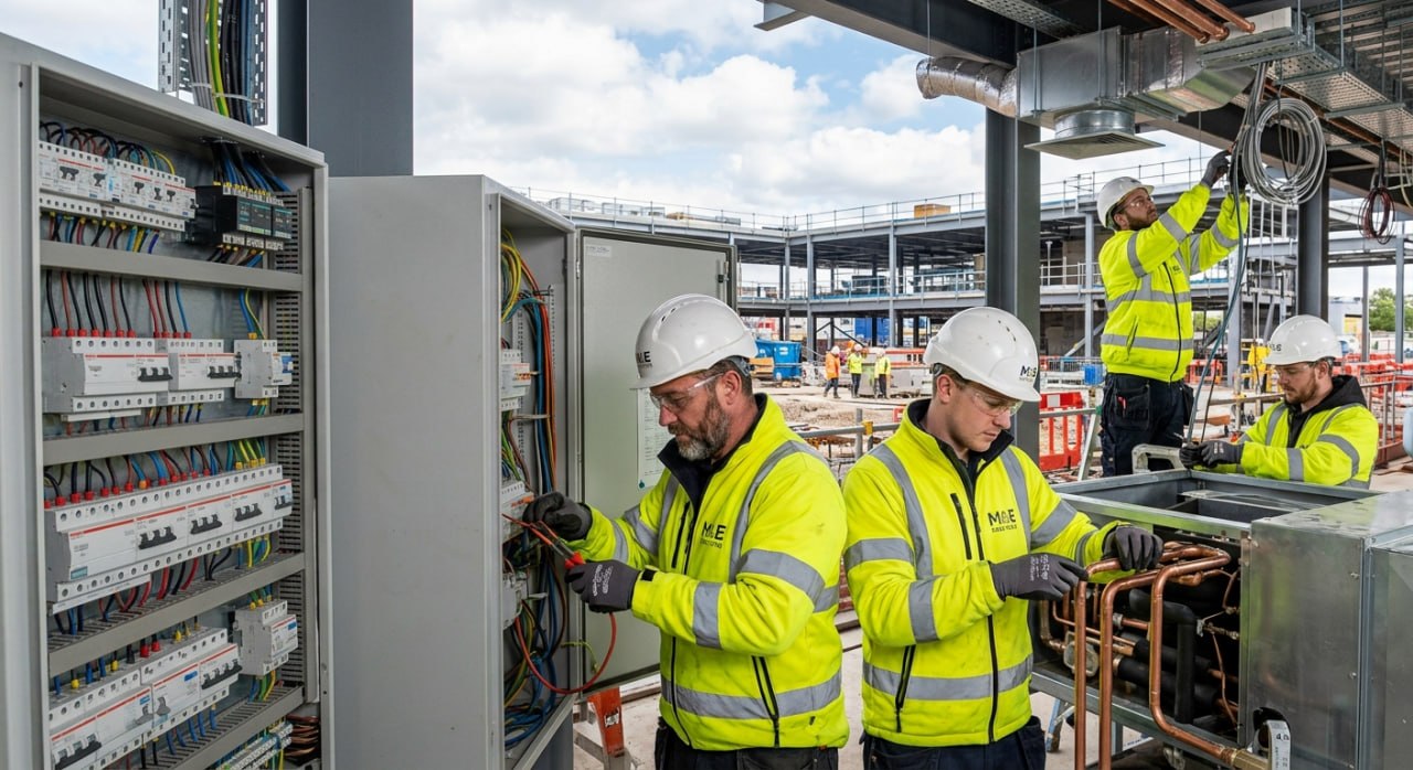 UK commercial construction site with steel framework